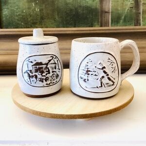 Vintage Onion River Pottery Mug & Honey Jar Set Made In Vermont Country Cottage